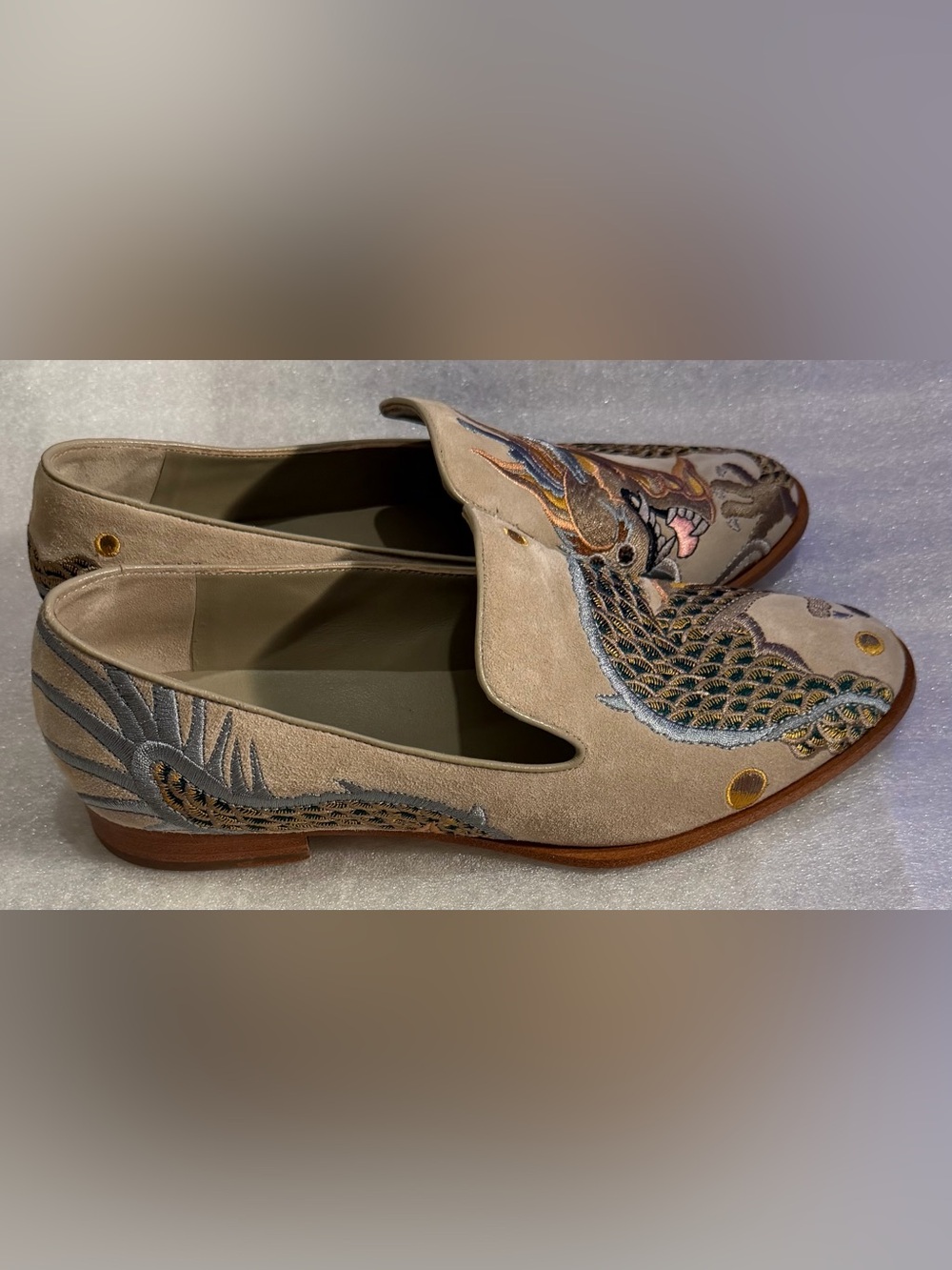 Johnny Was Taupe Suede Loafers with Gold & Gray Embroidery - Picture 2 of 8